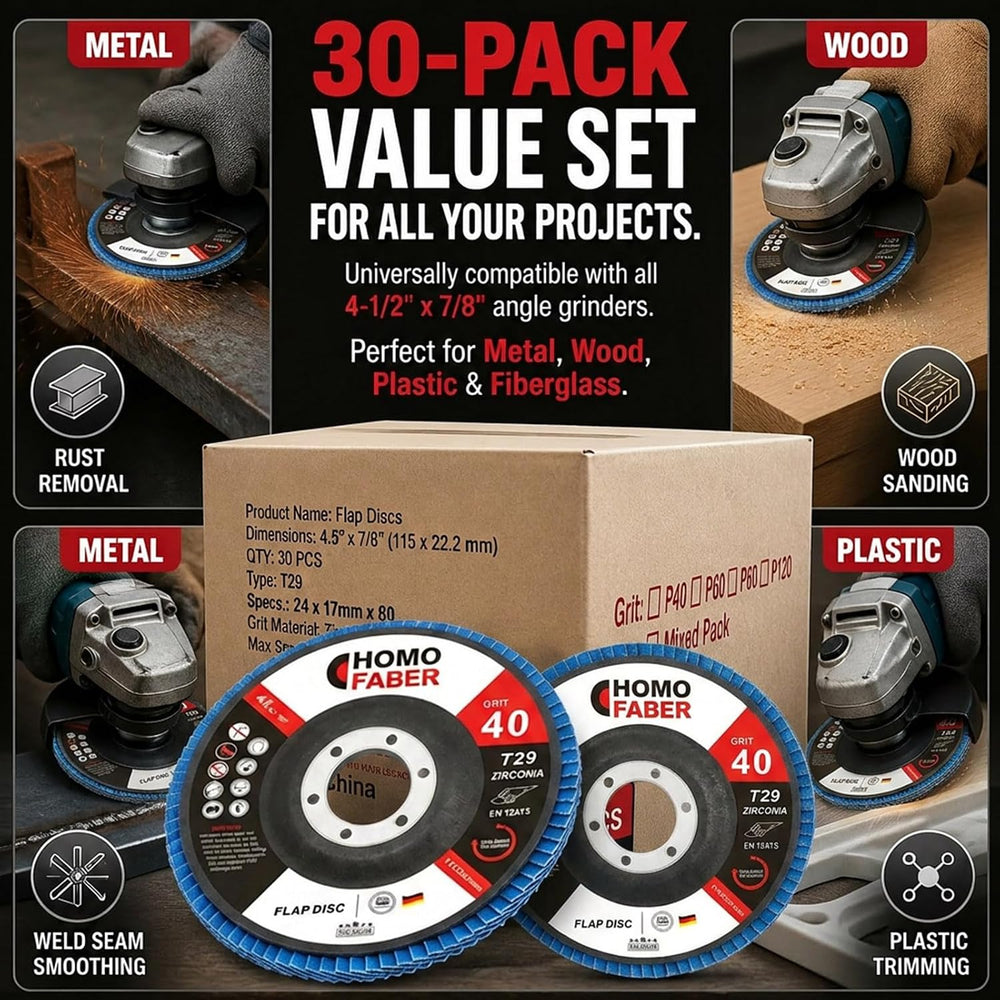 HOMO FABER 30 Pack Flap Discs 4 1/2 for Angle Grinder, 40 Grit Zirconia T29