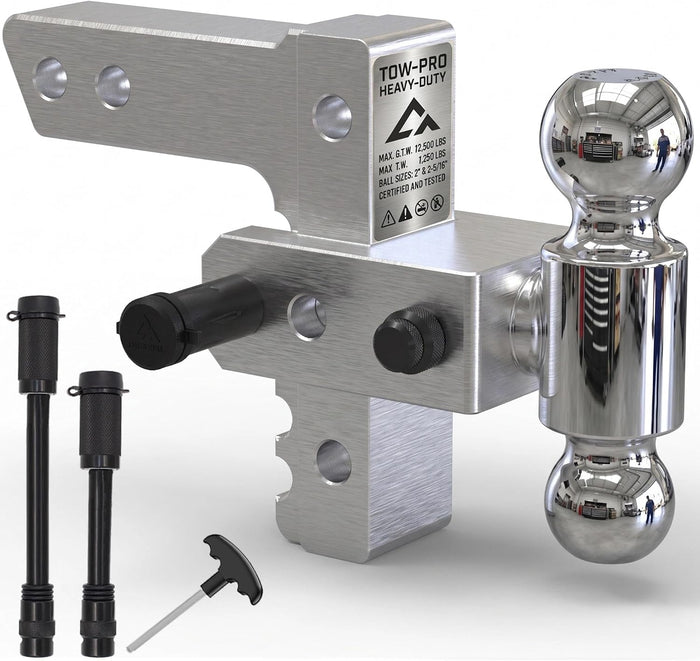 Adjustable Trailer Hitch - Heavy Duty Aluminum Drop Drawbar Hitch - Fits 2" Receiver, 6" Drop/Rise with 2" & 2-5/16" Solid Dual Balls 12,500 LBS GTW- for Truck, SUV, RV