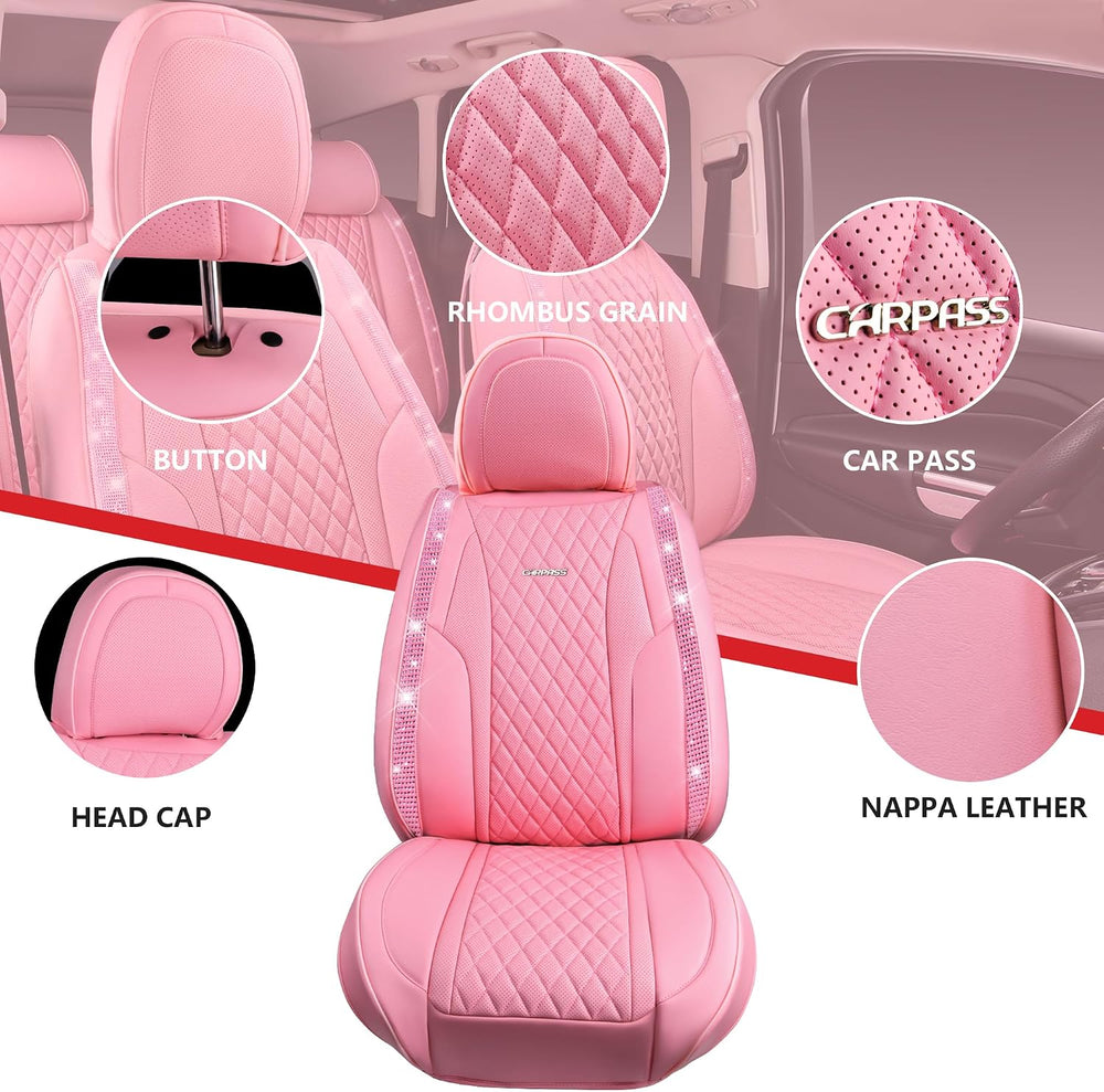 CAR PASS Pink Nappa Leather Car Seat Covers for Full Seats, Bling Diamond Wat...
