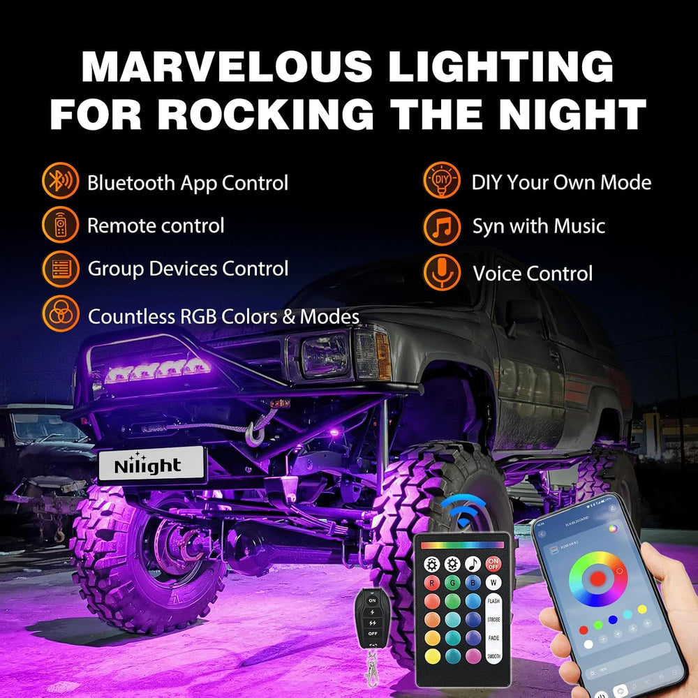 Nilight RGB LED Rock Lights Kit 4 PCS 18LED Wide Angle Wheel Well Light