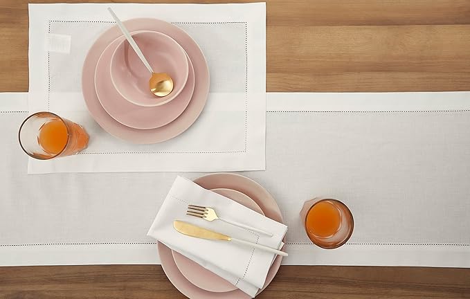 Solino Home White Table Runner 108 Inches Long - Cotton Linen Hemstitch 14 x ...