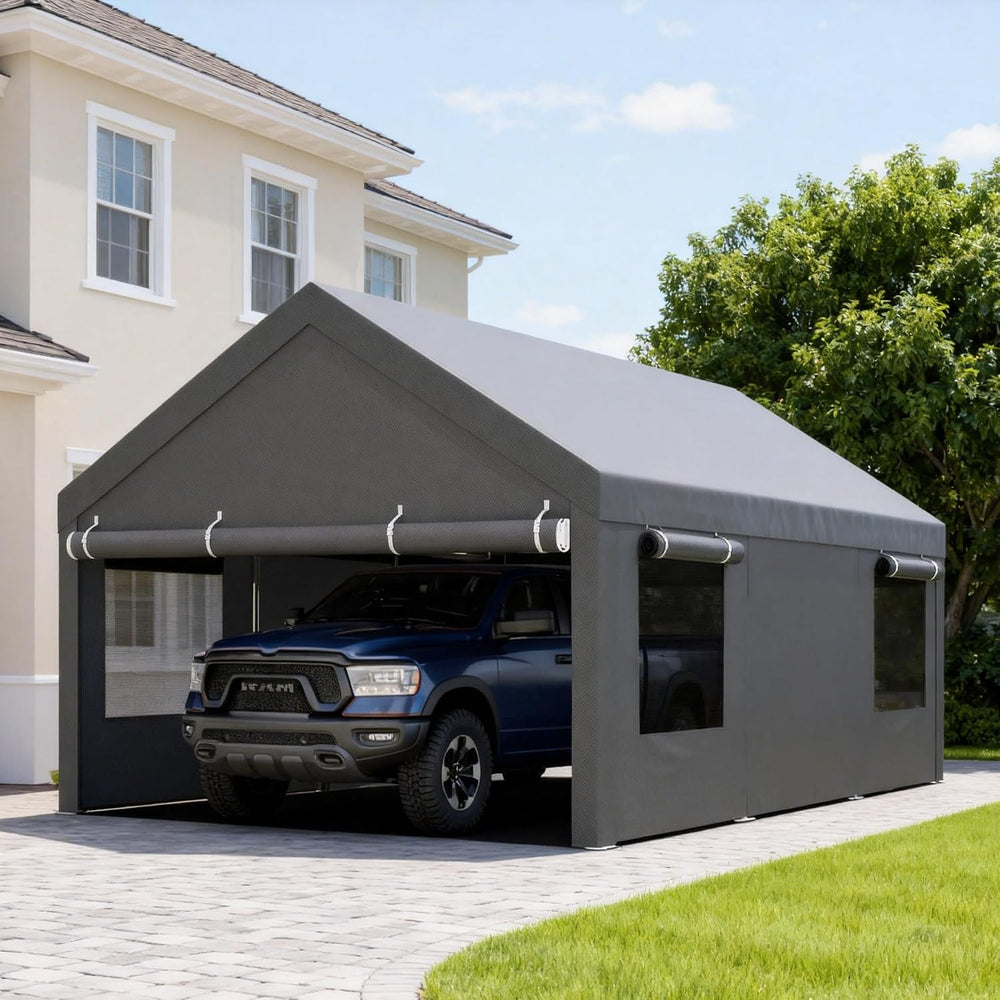 JY QAQA Carport, 12x20 FT Heavy Duty Carport with Roll-Up Window and Sandbags...