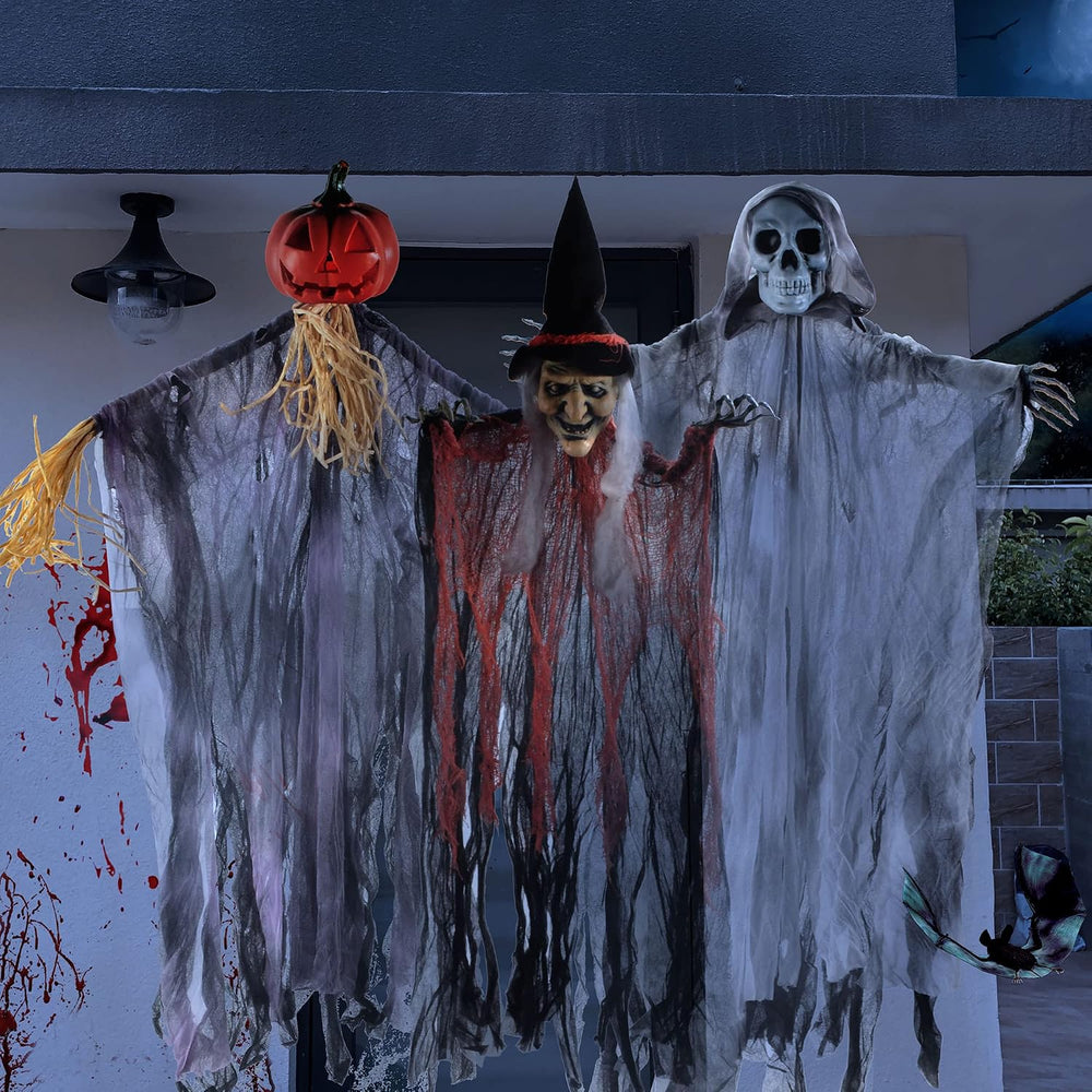 JOYIN 3 Pack 35” Hanging Ghosts Witch Pumpkin Decor Hanging Halloween Decorat...