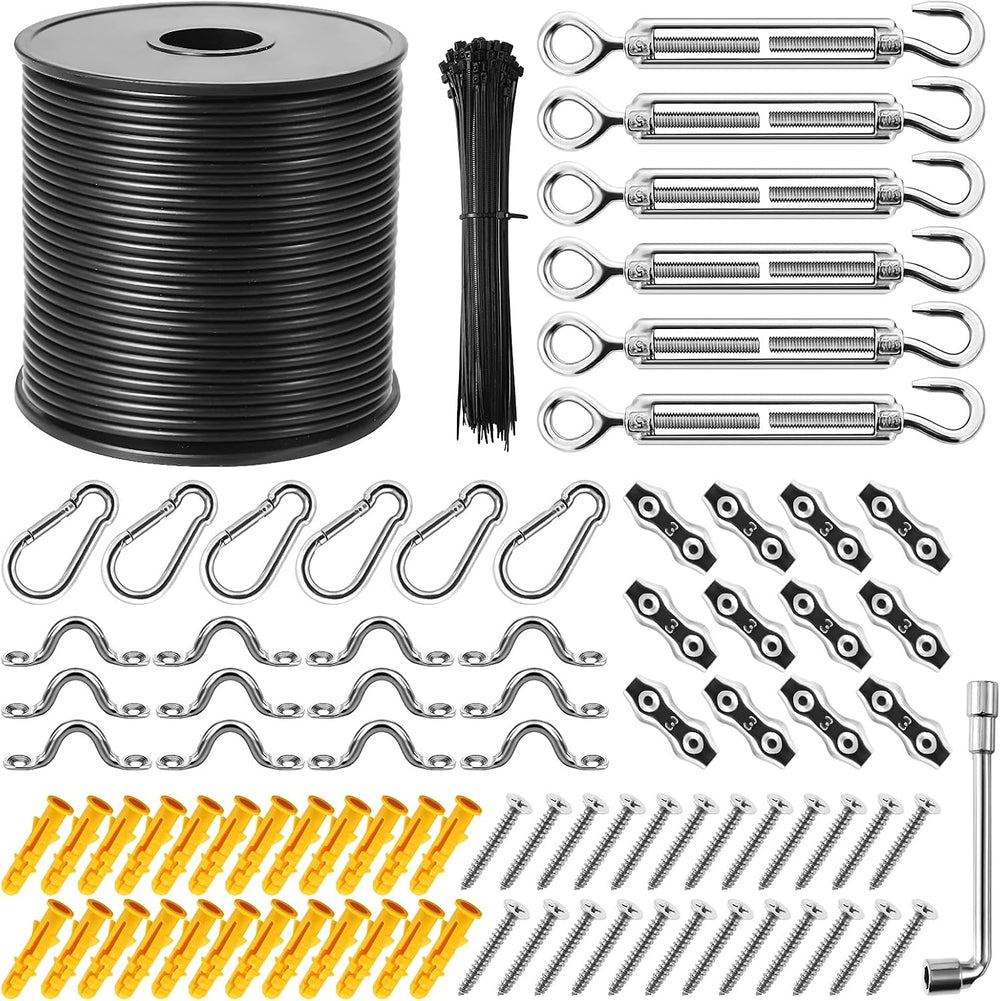 String Light Hanging Kit,164 Ft Nylon Coated Stainless Steel 304 Wire Rope, S...
