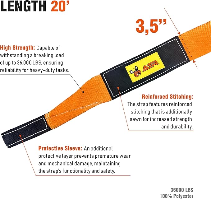 ATR Recovery Tow Strap 3.5" x 20ft – 36, 000 lbs Break Strength, Heavy Duty