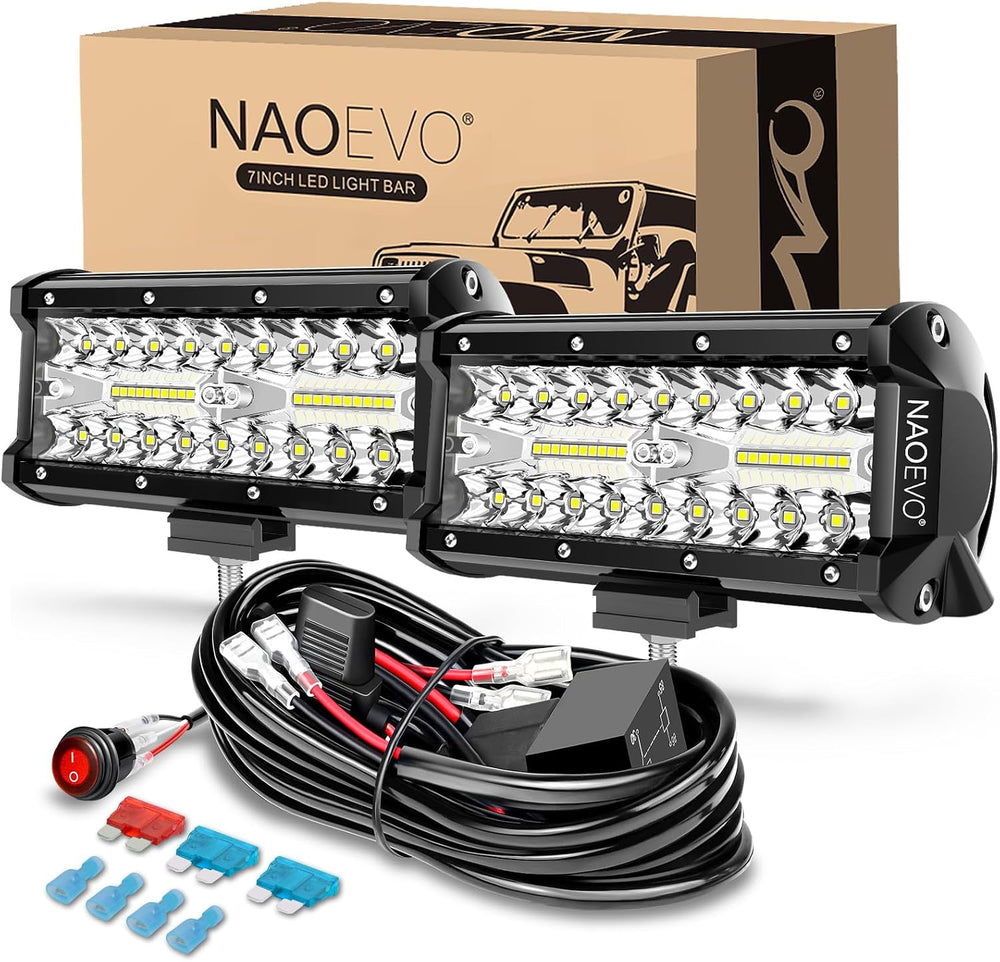 NAOEVO 7 Inch LED Light Bar, White Off Road/Fog Lights with 2-Lead Harness