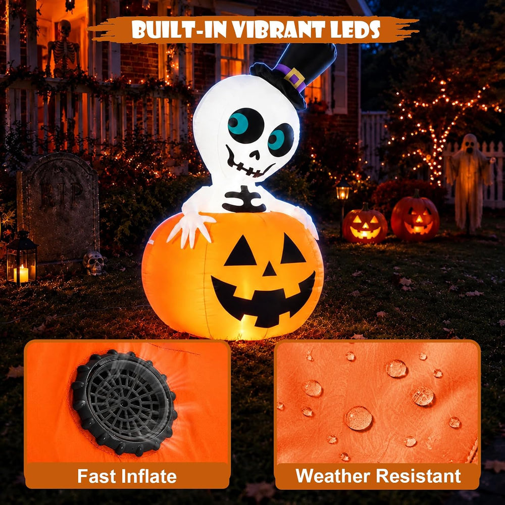 5FT Halloween Inflatable Pumpkin Skeleton LED Yard Decor
