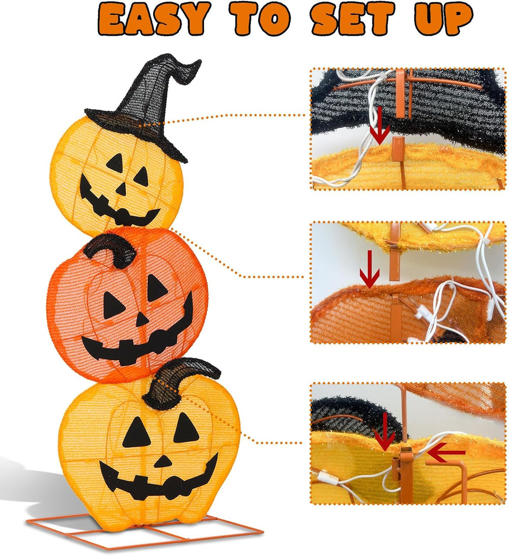 Halloween Lighted Stacked Pumpkins Decoration, Pre-Lit with 50 Warm White Lig...