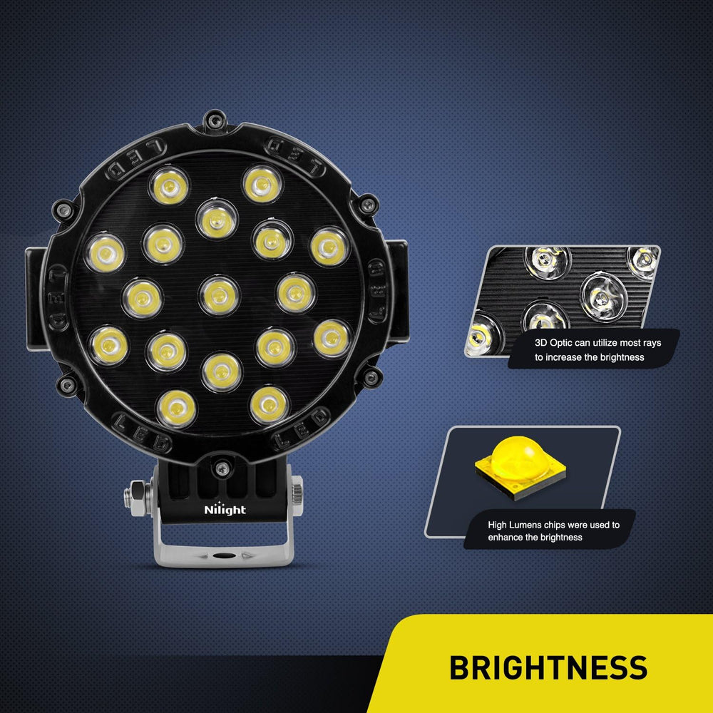 Nilight - 15023SB-B Led Light Bar 2PCS 7" 51w 5100LM Black Round Spot Li...