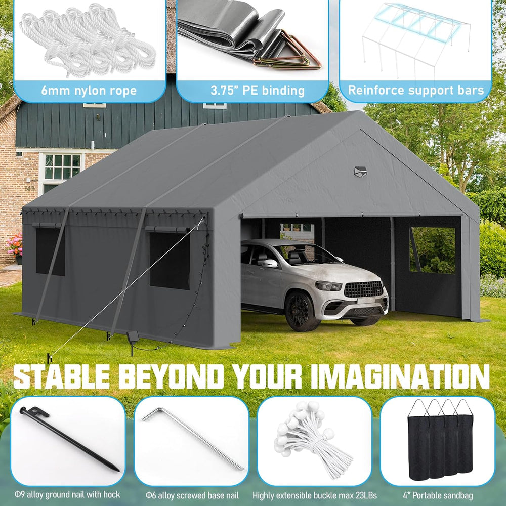 20x20 Heavy Duty Carport, Portable Garage with Doors & Windows