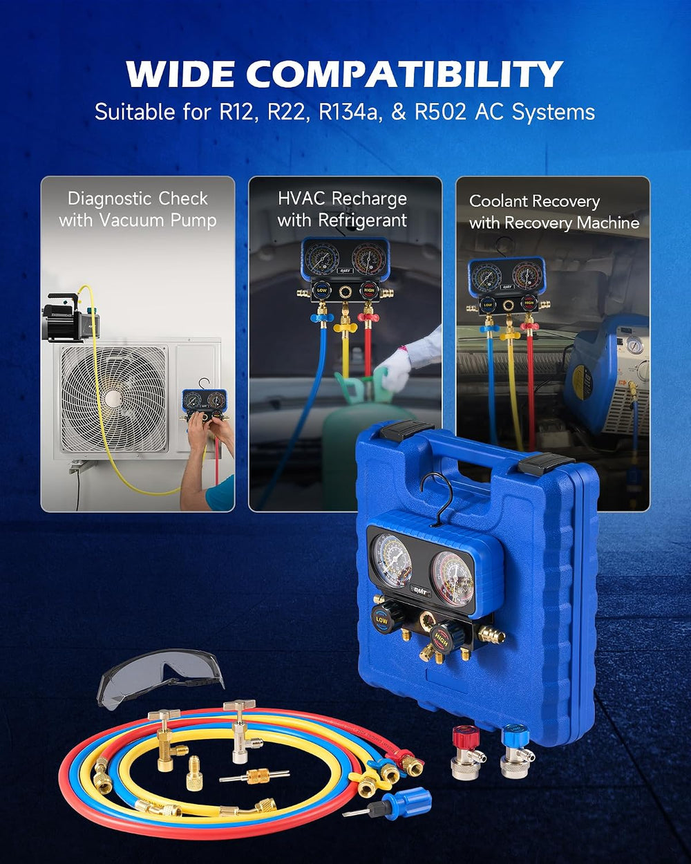OMT 3-Way AC Manifold Gauge Set for R134a R12 R22 R502, 5 ft Hoses