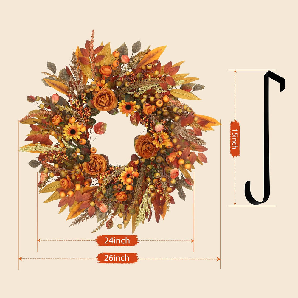 Fall Wreath for Front Door 26 Inch, Autumn Harvest Wreath Sunflowers Roses Ac...