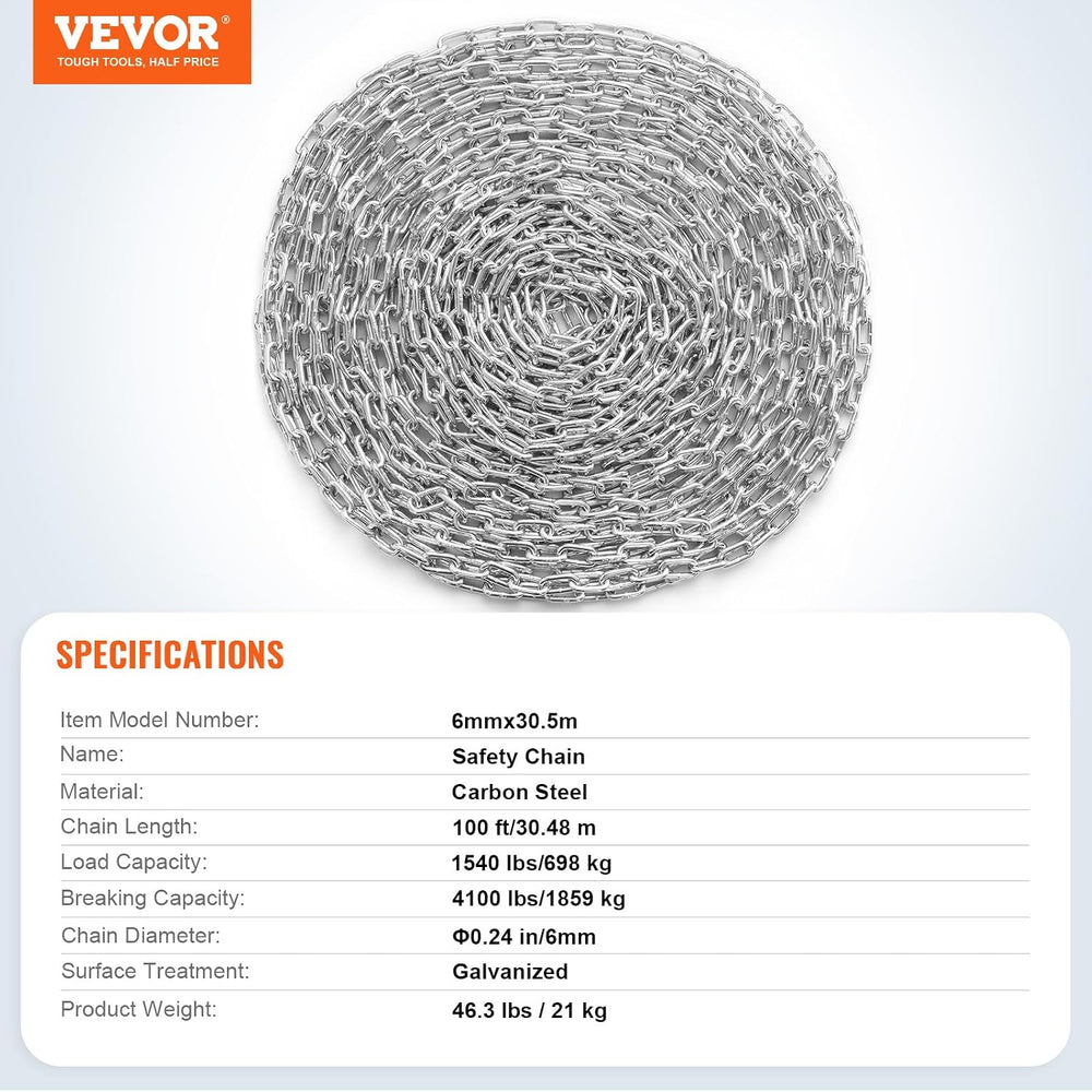 VEVOR Grade 30 Chain 1/4 Inch by 100Ft Length Grade 30 Proof Coil Chain Zinc ...