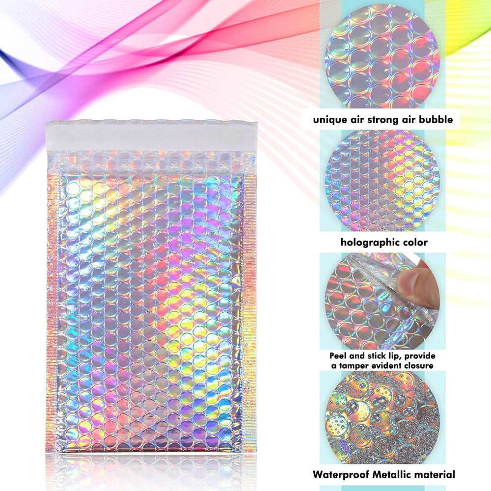 100 Pack Metallic Bubble Mailers 3 Sizes Holographic Padded Bubble Rainbow Po...