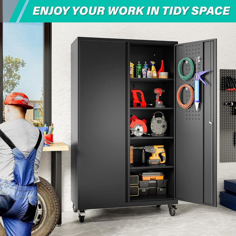 Wide & Deep Metal Storage Cabinet with Wheels,Tall Rolling Garage Storage...