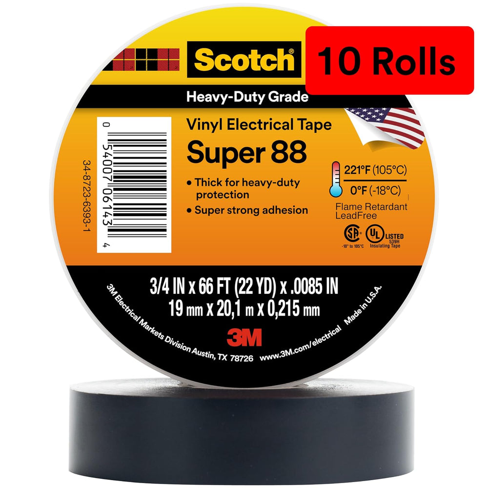 3M Scotch Electrical Tape Super 88, 3/4 in x 66 ft, Black, 10 Rolls