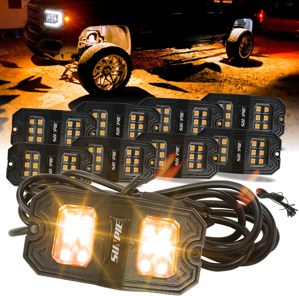 SUNPIE 8 Pods Quick Connect Amber Rock Lights, 18 Wide Angle Chips, 4M Extens...
