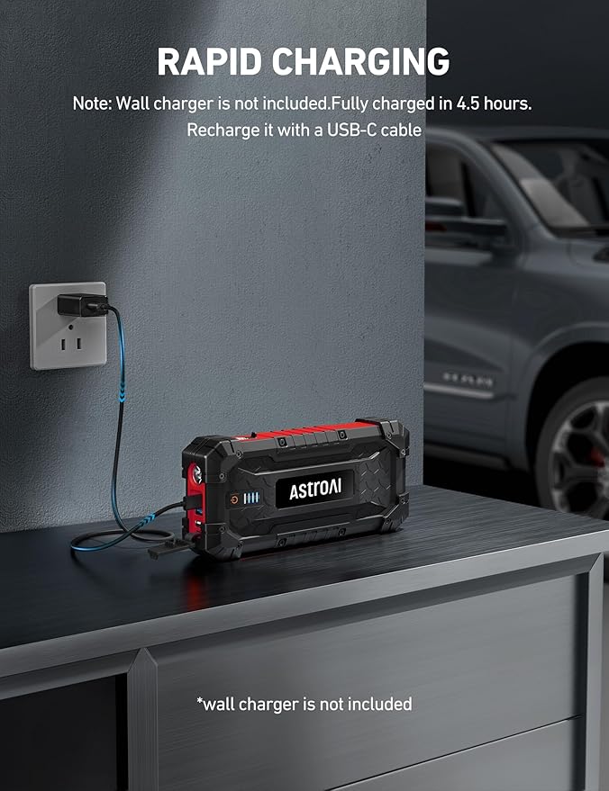 AstroAI S8 Ultra 4000A Peak Jump Starter, Up to All Gas/12L Diesel Engine