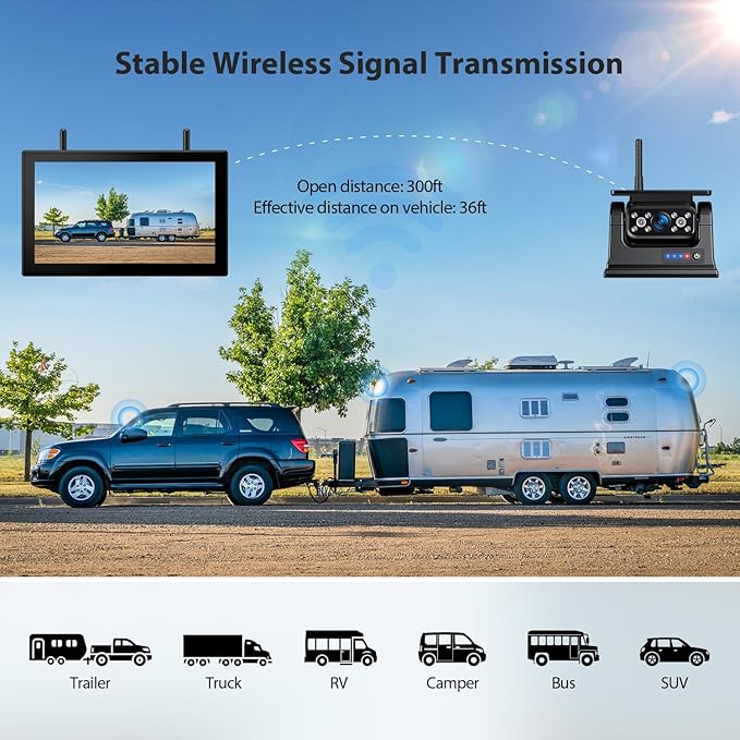 3 Magnetic Solar Wireless Backup Camera HD1080P Loop Recording 10.1 Inch