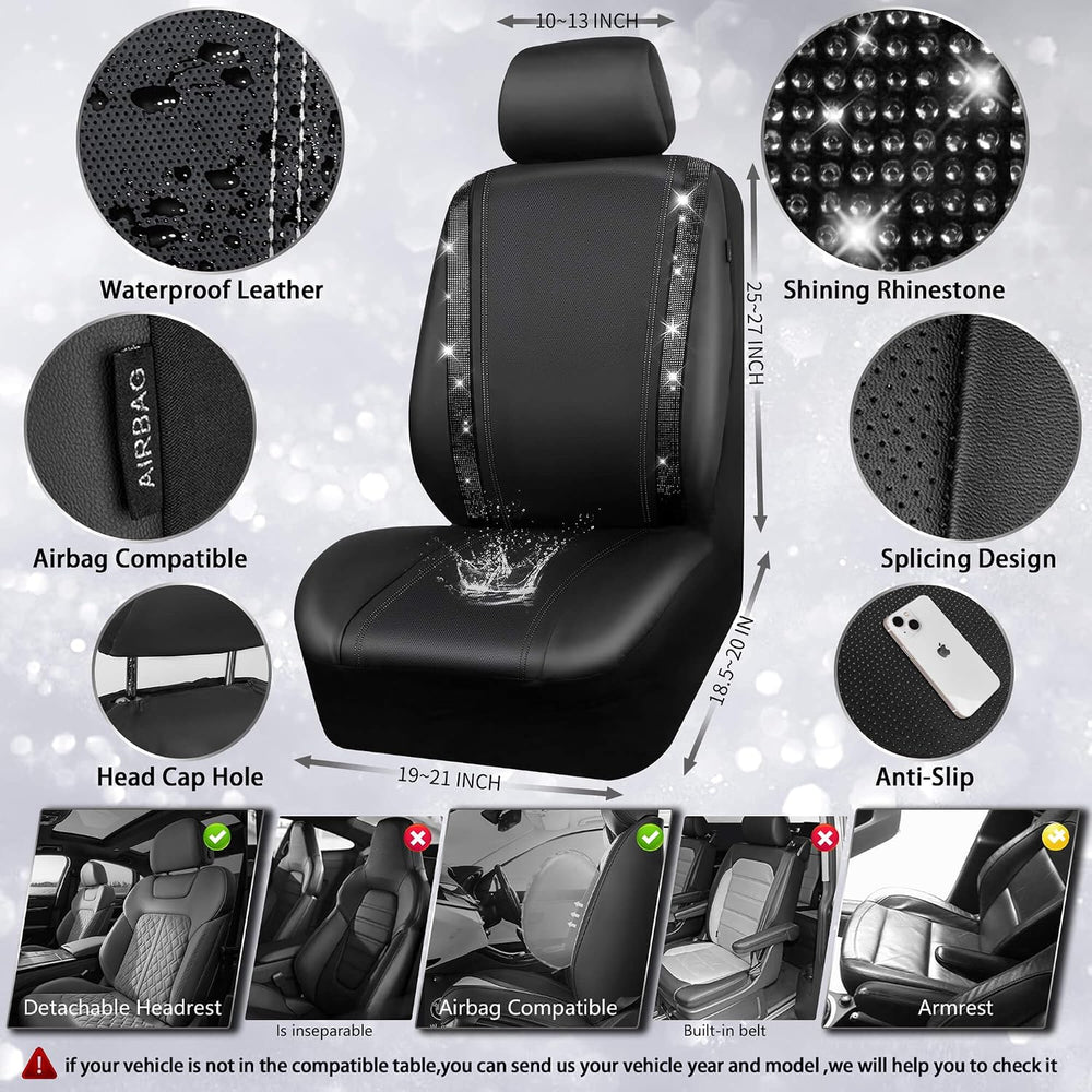 CAR PASS Leather Bling Diamond Car Seat Covers 2 Front Interior Sets, Waterpr...