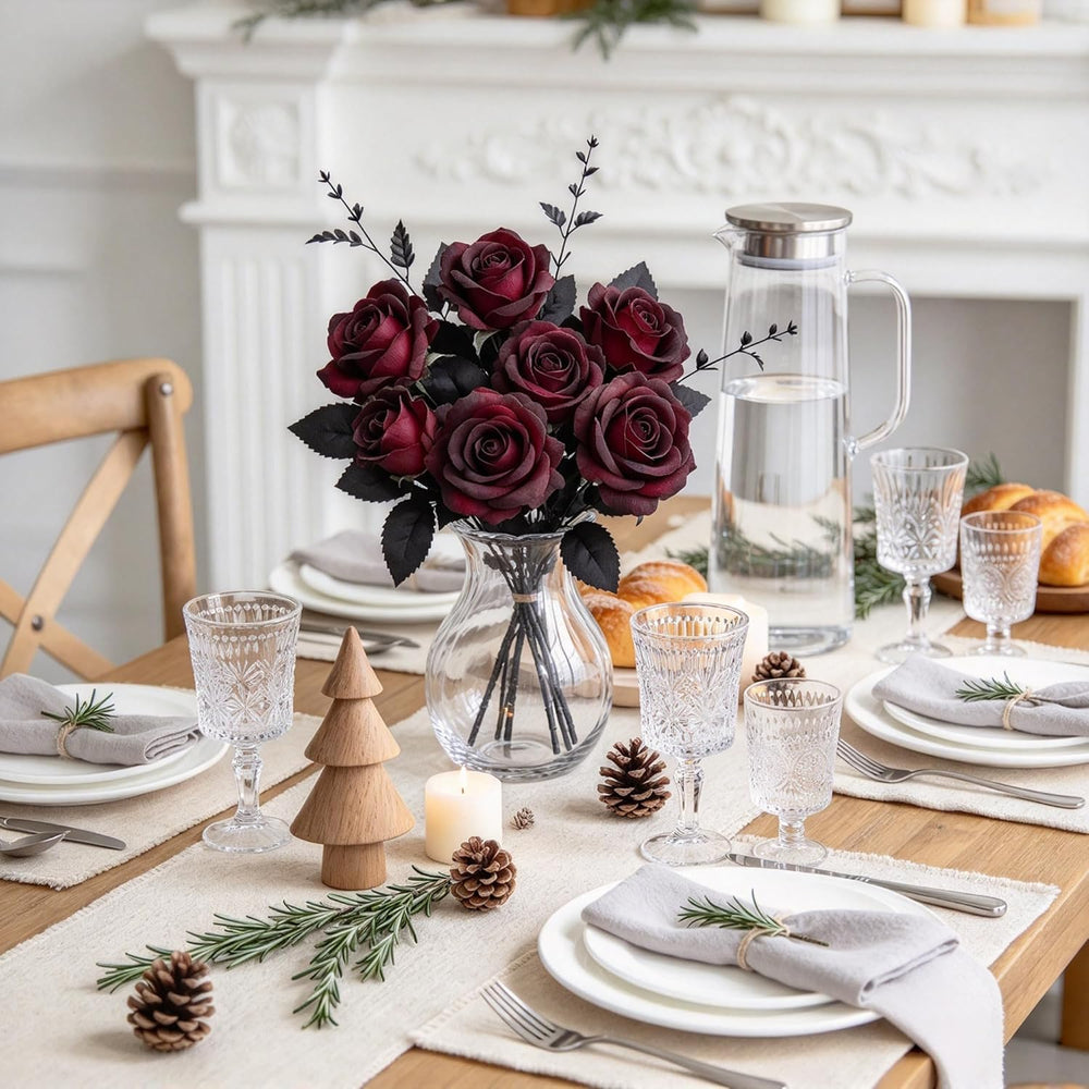 DoubleWood Halloween Artificial Silk Roses, 24Pcs Black Burgundy Flowers