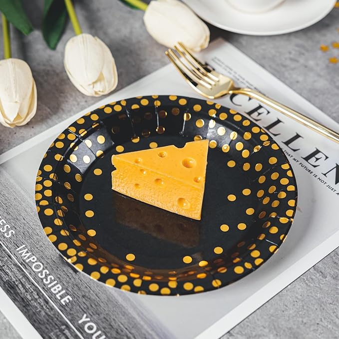 Lullaby 200PCS Black Paper Plates, Black and Gold Paper Plate, 100pcs Dinner ...