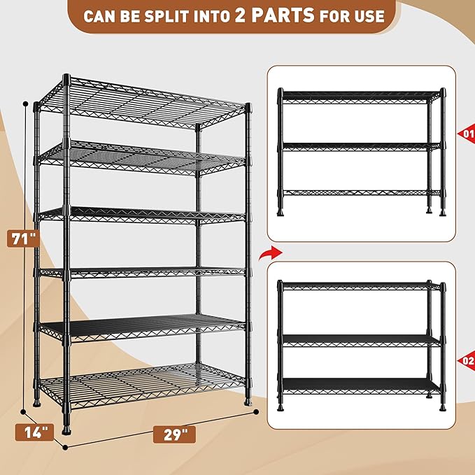 REIBII 71" H Storage Shelves 6 Tier Wire Shelving Unit 1200LBS Metal She...