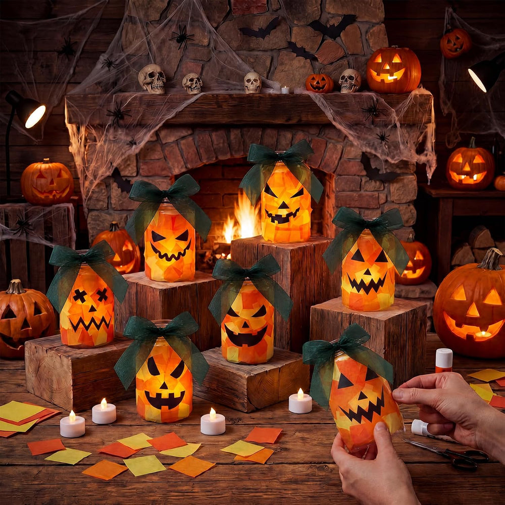 Qinyoung 12 Pcs Halloween Jack-o-lantern Crafts Pumpkin Mason Jars with LED