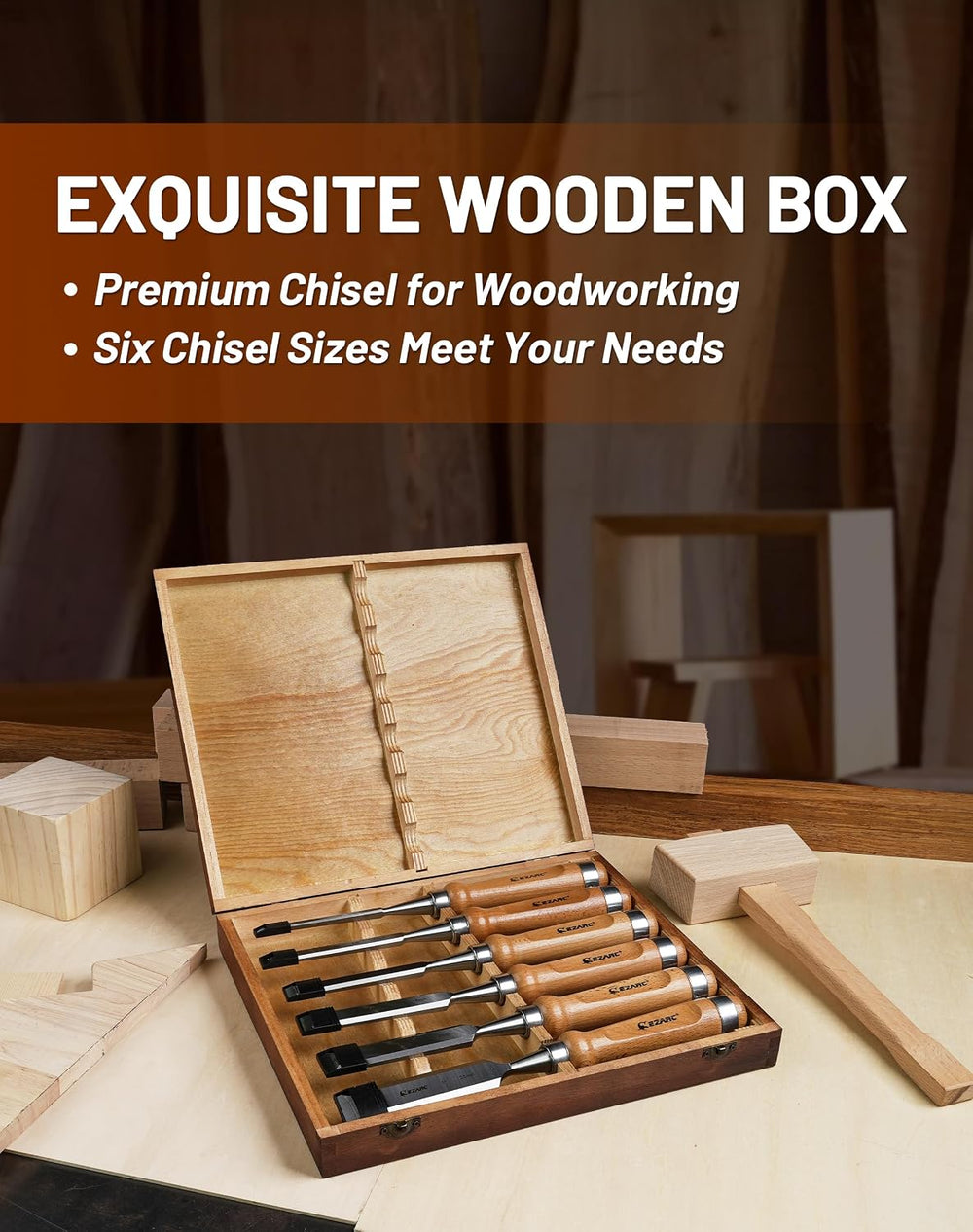 EZARC Wood Chisel Set, 6PCS 1/4-1 Inch CR-V Chisels with Wooden Case