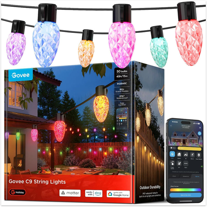 Govee C9 String Lights, Outdoor Halloween Christmas Lights, 49ft
