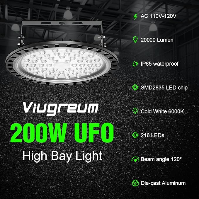 Viugreum 10 Pack 200W UFO LED High Bay Light, 20000LM 6500K Daylight White LED