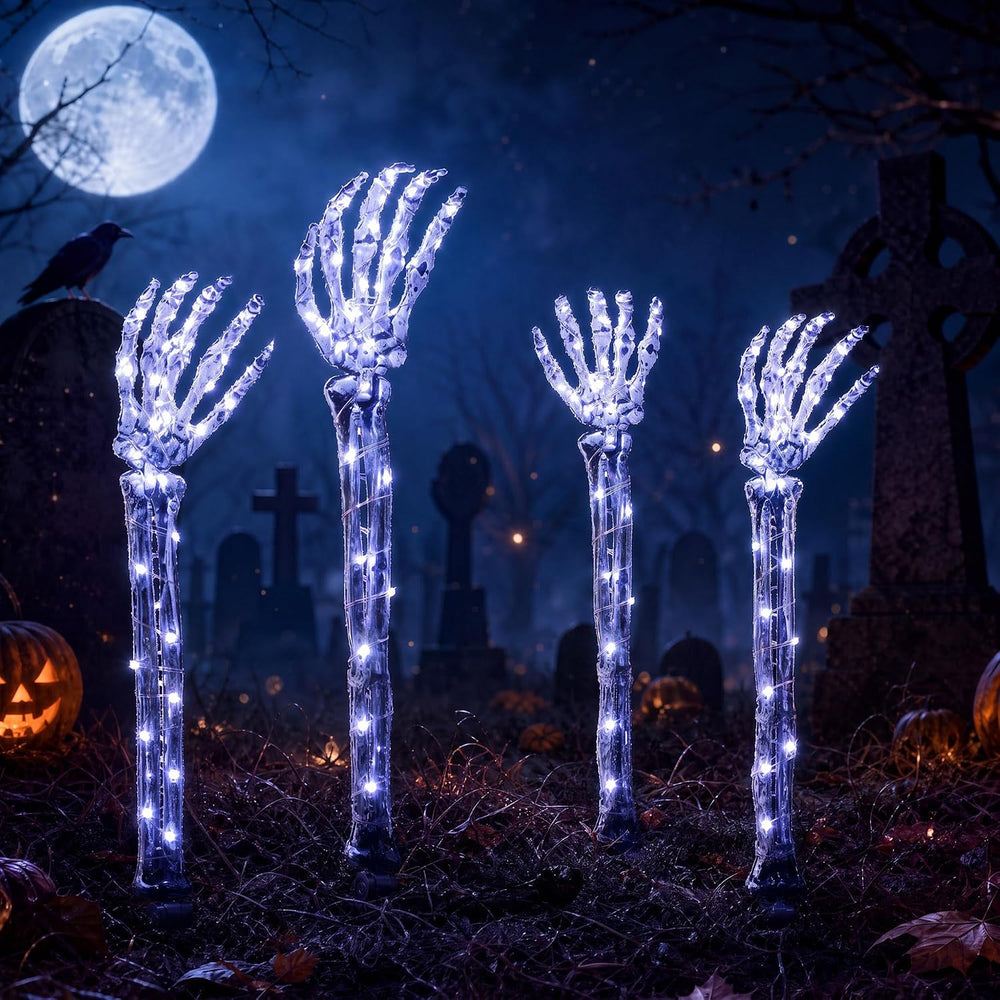 Halloween Skeleton Arm Stakes 4‑Pack, 160 White LED Battery‑Powered Lights