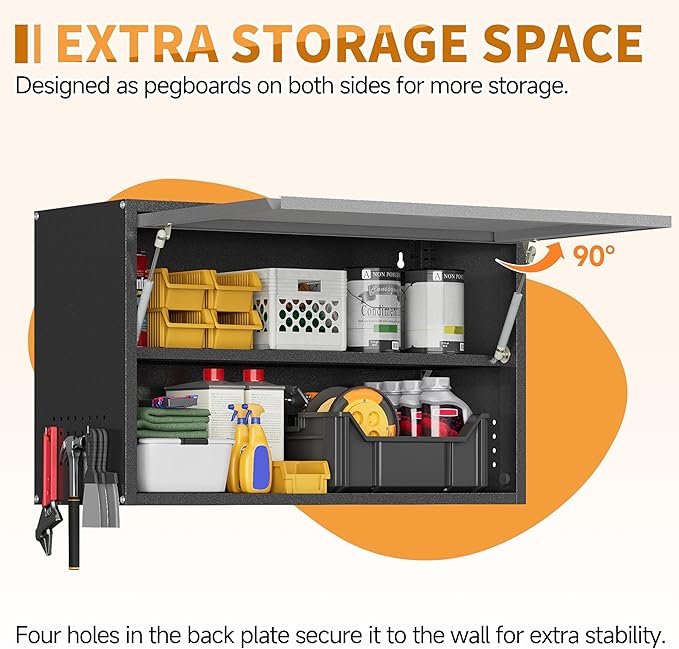 Metal Garage Wall Cabinet with Up-Flip Door, Float Tool Cabenit with Adjustable