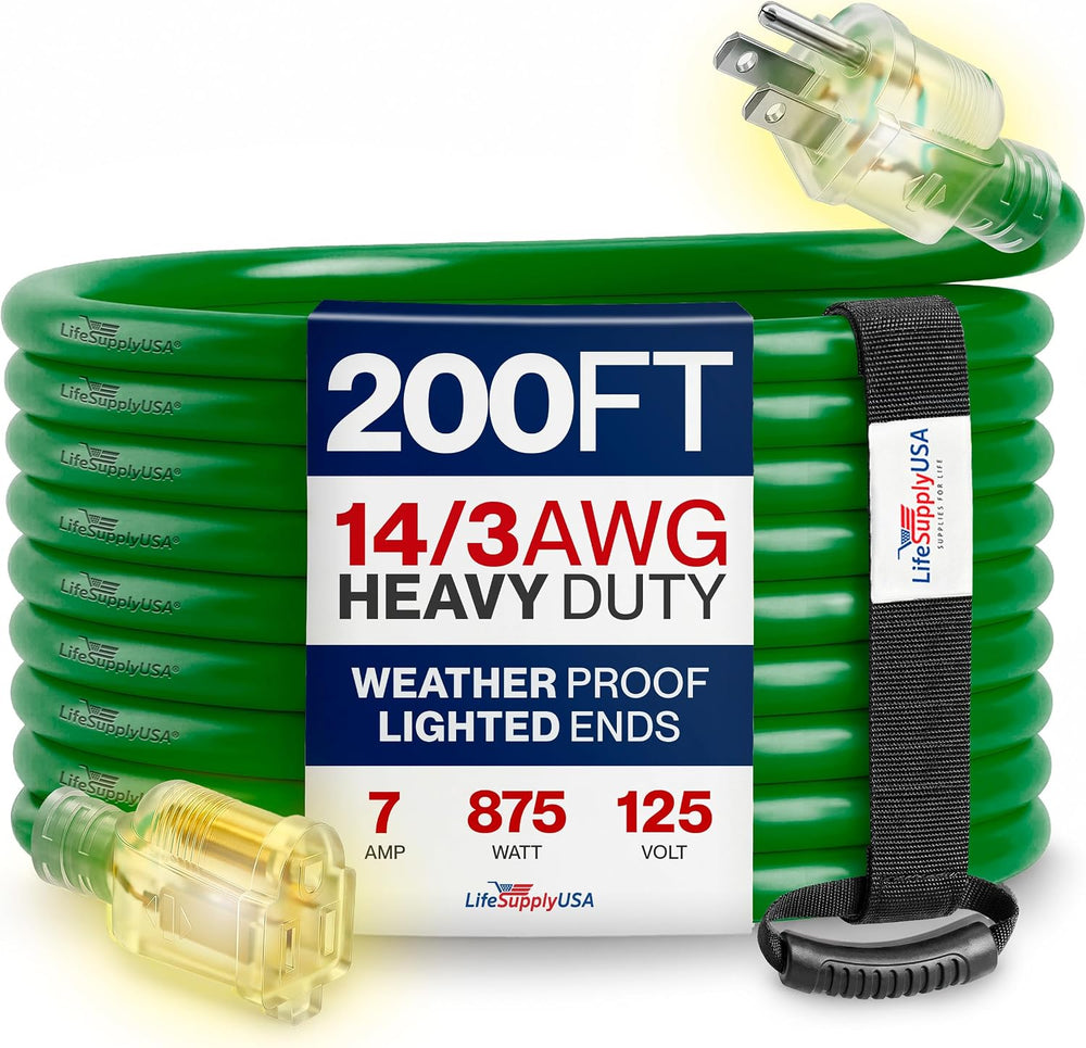 200ft Outdoor/Indoor Extension Cord 14/3 Gauge Heavy Duty 3 Prong SJTW, Water...