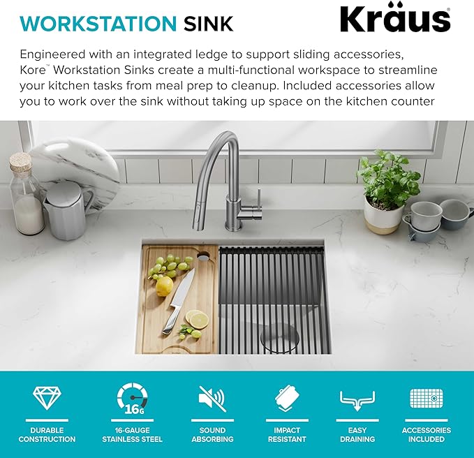 KRAUS Kore 23-Inch Undermount Workstation 16 Gauge Single Bowl Stainless Steel