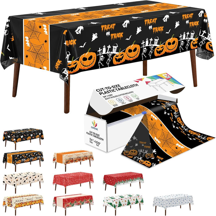 54 Inch X 100 Feet Plastic Table Cover Roll Disposable Halloween Tablecloth with Slide Cutter Pumpkin Ghost Plastic Table Covers for Halloween Party Decorations(Halloween Table Runner, 100Feet)