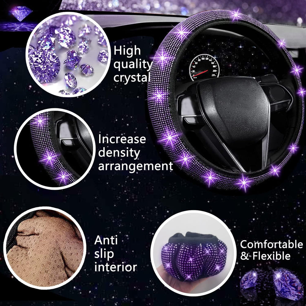 NBTEPEM 27 PCs Purple Violet Bling Car Accessories Set for Women, Steering Wh...