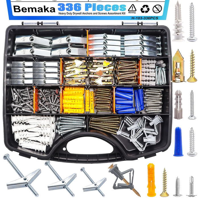 336Pcs Toggle Bolts Heavy Duty Drywall Anchors and Screws Assortment Kit, 11 Sizes Metal & Plastic Wall Anchors Kit with Screw, Wall Hanging Kit for Art Decor Shelves Picture Mirror Curtain