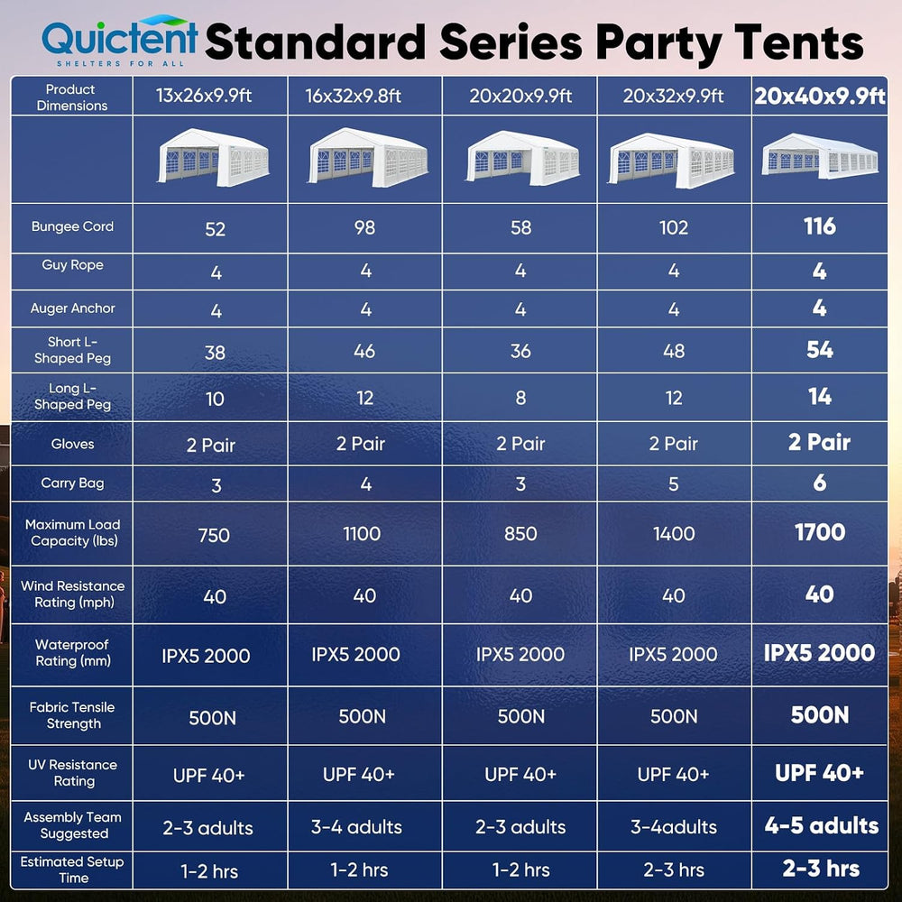 Quictent Premium 20x40 Reinforced Heavy Duty Party Tent with 6 Storage Bags
