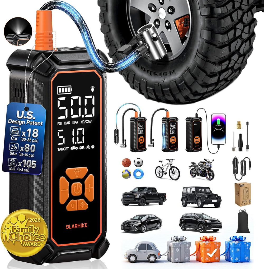 OlarHike Tire Inflator Portable Air Compressor,Dual Power-3*2000mAh &12V DC