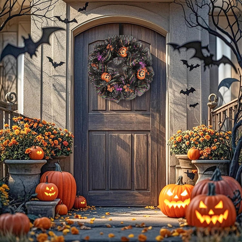 24 inch Wreath, Halloween Wreath for Front Door, Halloween Spider Decor Pumpk...