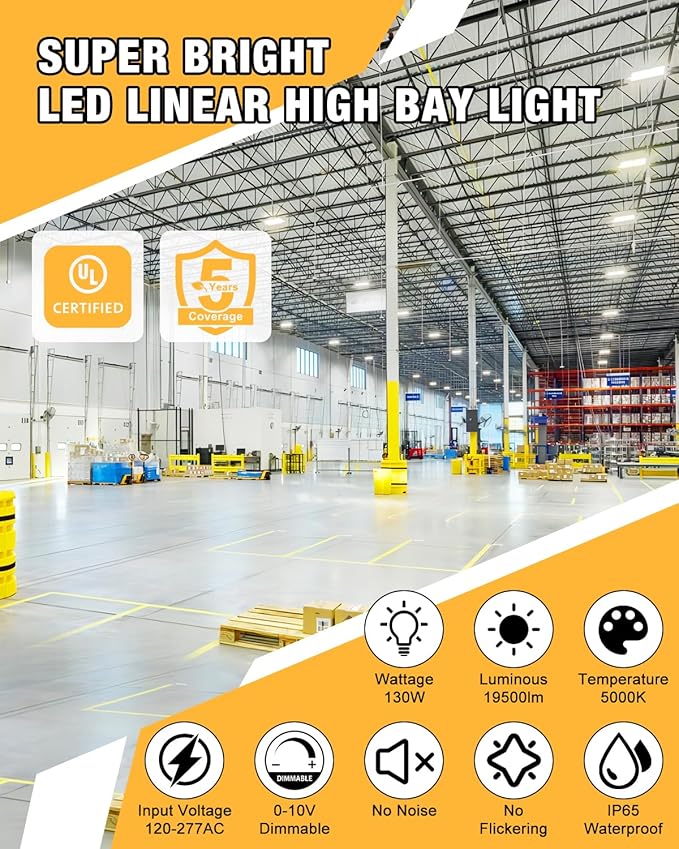 LED Linear High Bay Light, 130W 19500LM High Bay LED Shop Lights, 0-10V