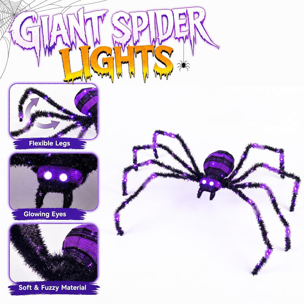 3 Pack Halloween Giant Spiders,4.1Ft Lighted Spider with 8 Lighting Modes