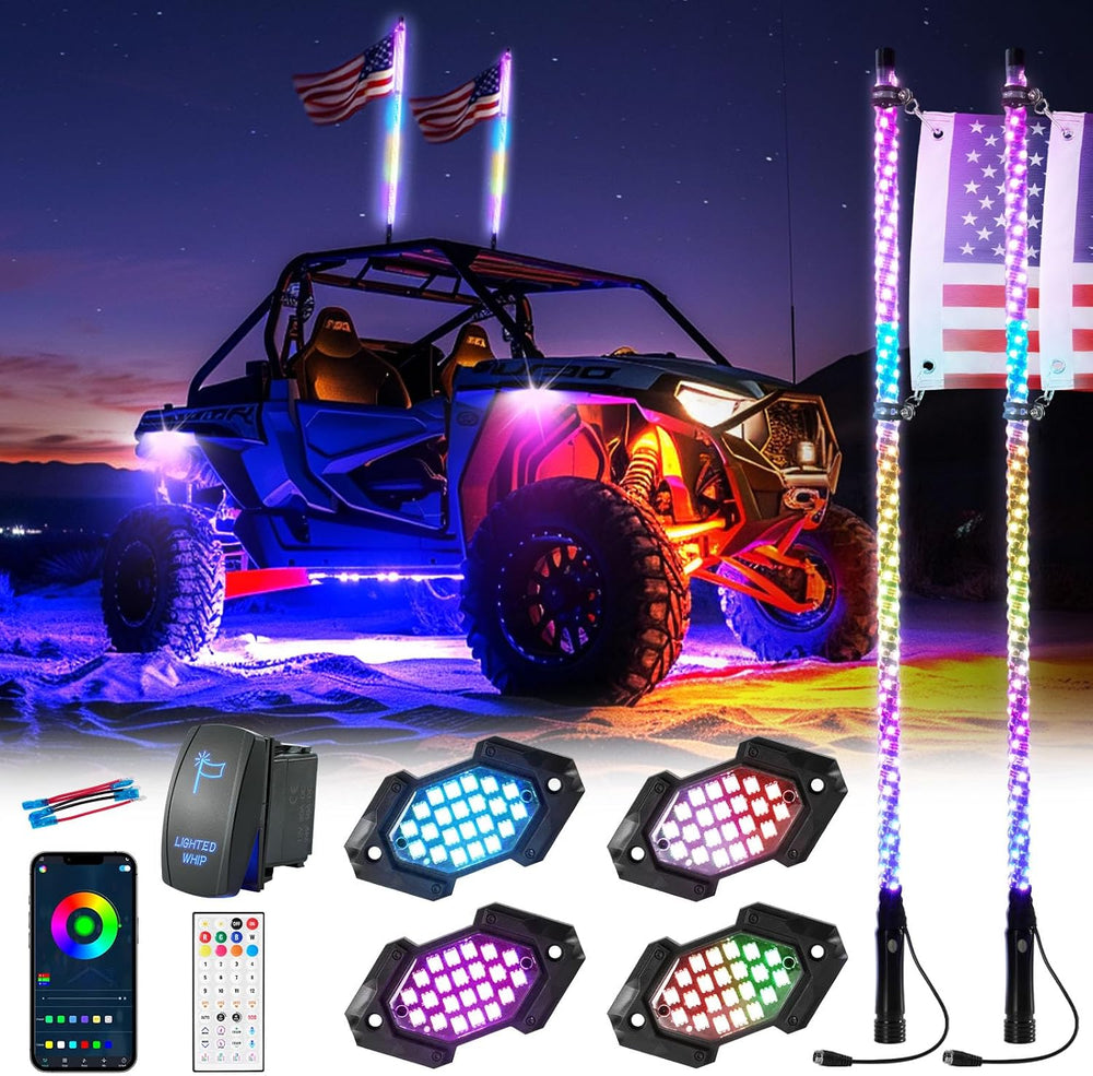 2PCS 3FT Whip Light and 4PCS Rock Light Combo Kit with Spring Base, Switch, A...