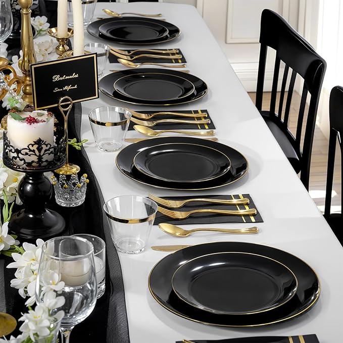 NOCCUR 350PCS Black and Gold Plastic Plates - Black Disposable Dinnerware Set...
