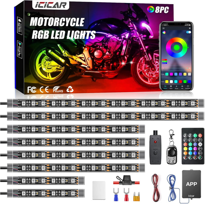 8PCS Motorcycle RGB LED Light Kit with APP/RF Control