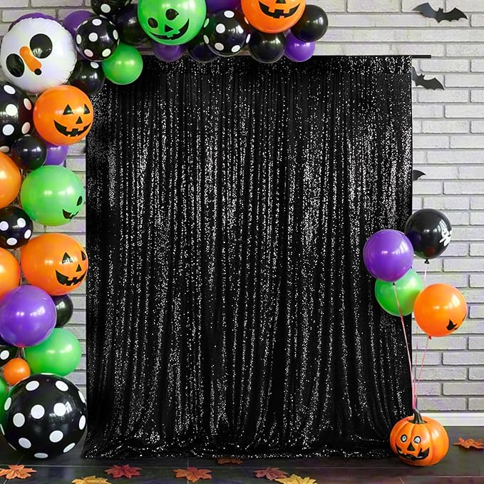 Eternal Beauty Black Thick Sequin Backdrop, 10x10 Ft Halloween Glitter Backgr...