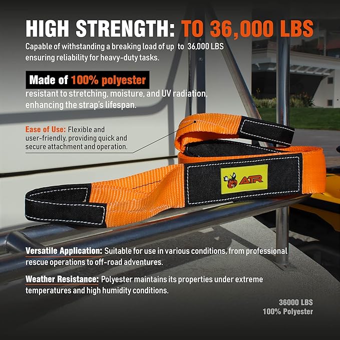 ATR Recovery Tow Strap 3.5" x 20ft – 36, 000 lbs Break Strength, Heavy Duty
