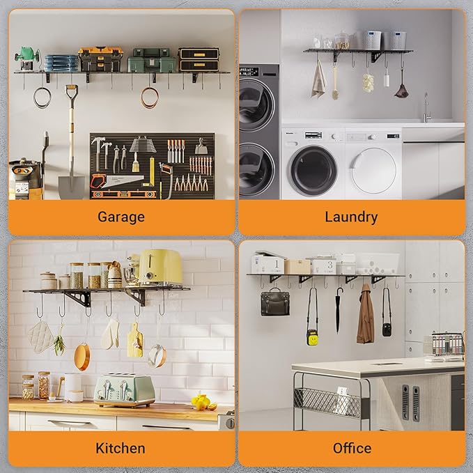 1x4 ft Garage Shelving with 6 Bike Hooks, Pantry Storage, 150 lbs Total Load