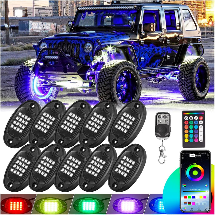 RGB LED Rock Lights Kit, 10 Pods Rock Lights for Trucks ATV UTV Golf Cart Offroad RZR Pickup SUV, Waterproof Multicolor Underglow Kit with APP Remote Control Music Neon Vehicle Underbody Light 12V